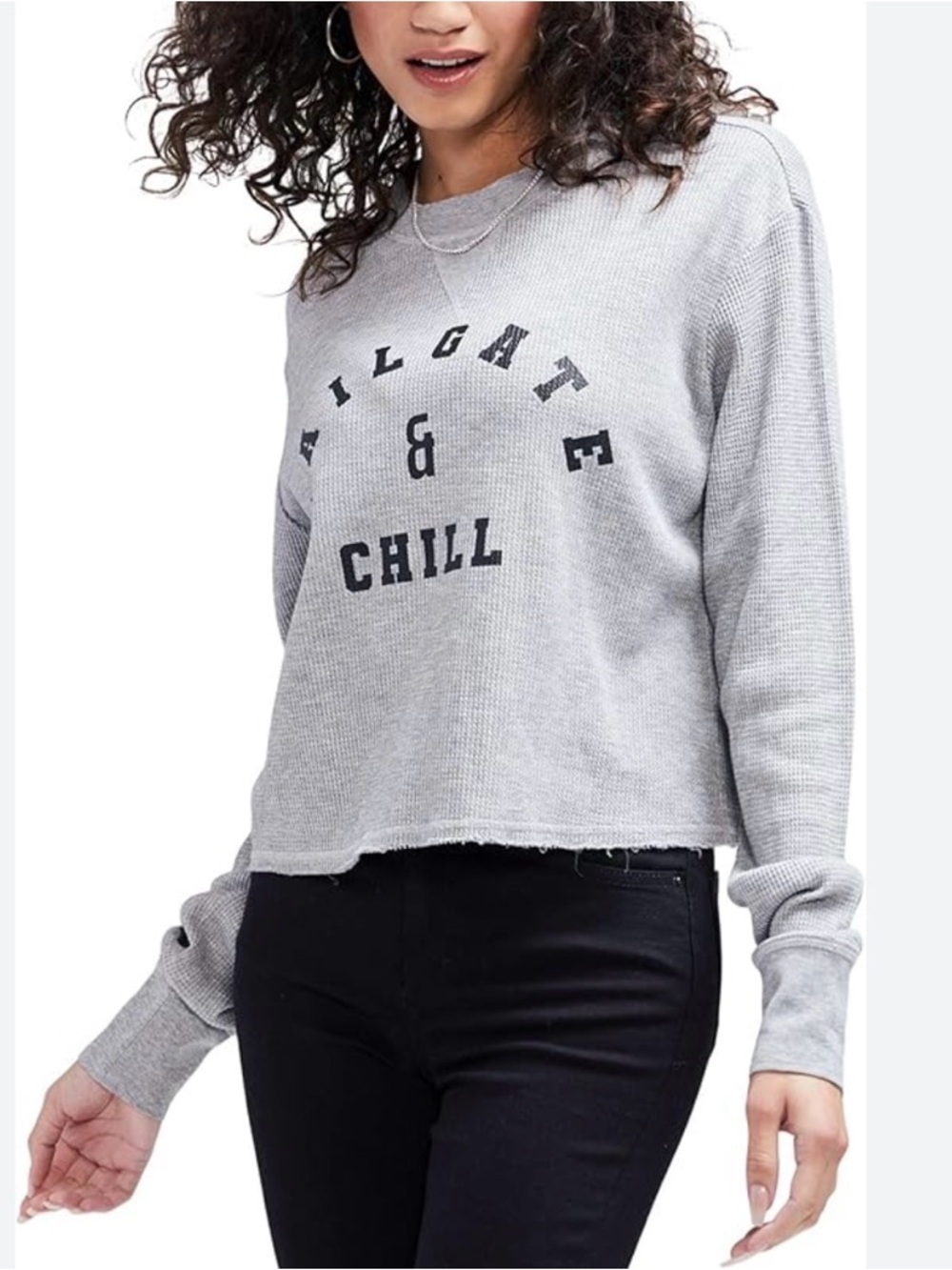 Wildfox Gray "Tailgate & Chill" Waffle Knit Long Sleeve Top